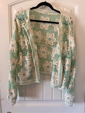 POL Crochet Floral Openwork Cardigan Sweater - Mint & Cream